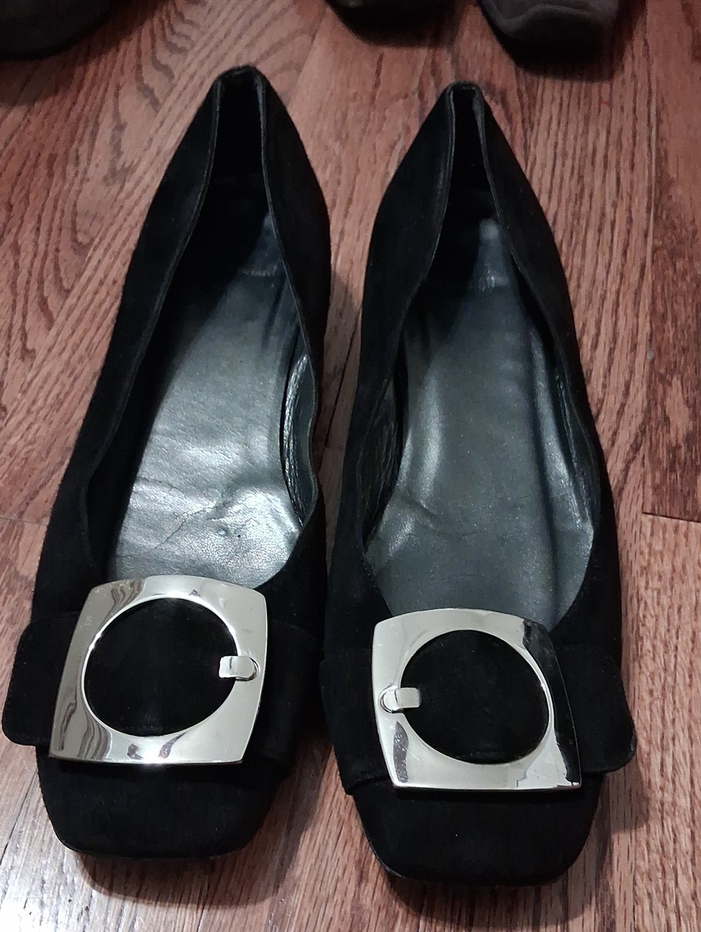 Stuart Weitzman Black Suede Ballet Flats with Silver Square Buckles